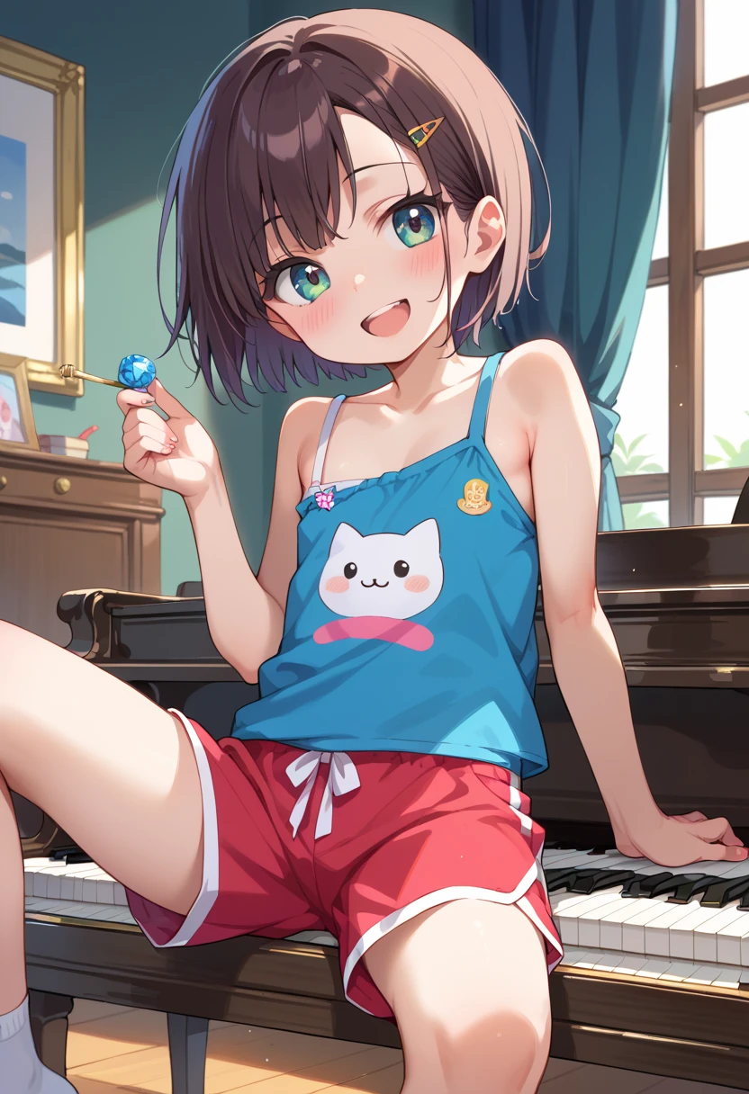 (( top quality)), ((masterpiece)), (be familiar with),  perfect face, indoor, bedroom,  watching viewers,
One woman, Mikazuki Kan,
 open mouth,  ecstatic expression beside the piano, blush, smile,
 small ,  flat chested, Young girl, Lori,  kids,  girl,
Short Hair,  short hair,
Leg spread,