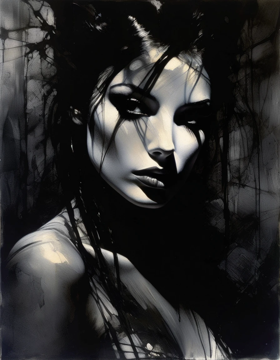 the broken girl, eroticism, sexy, black and white image, between shadows, oil painting, chiaroscuro, sensual, dramatic lighting, moody atmosphere, photorealistic, intricate details, masterpiece, ultra-detailed, high quality, 8k, best quality, realistic, cinematic, dark and brooding, expressionistic, powerful composition, emotional impact, art inspired by Bill Sienkiewicz and Dave McKean
