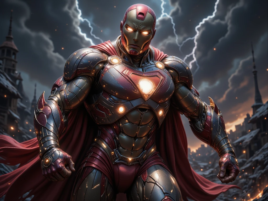 Create a highly detailed and visually striking hybrid superhero combining elements of Superman, Ironman, and Hulk. The character has Superman's iconic flowing red cape and glowing 'S' emblem on the chest, Ironman's sleek metallic armor with glowing arc reactor and mechanical details, and Hulk's massive, muscular physique with green skin. The face blends Hulk's raw intensity with Ironman's helmet partially opened, revealing Superman's determined expression. The character is posed powerfully, with glowing eyes, clenched fists radiating energy, and a background of a stormy sky with bolts of lightning and debris, symbolizing the hybrid's immense strength and futuristic power."