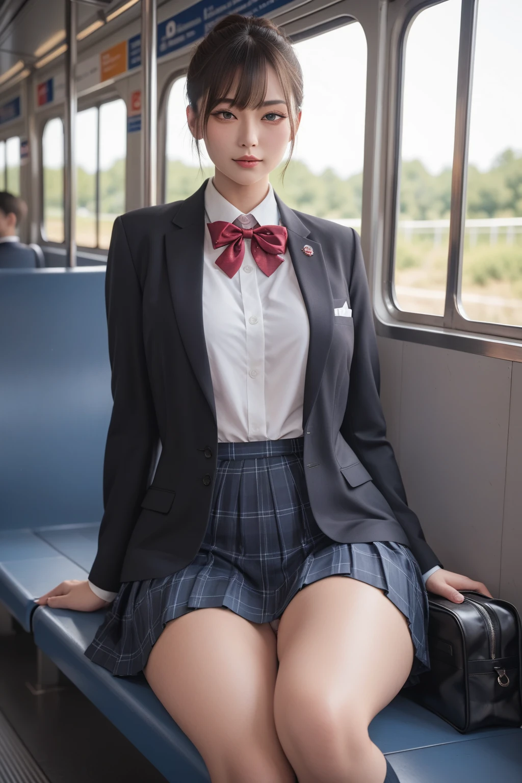 high resolution, 4K, solo, beautiful Japanese  high school girl, detailed eyes,  half eyes,  black blazer, white blouse, a red ribbon, pleated skirt, white sox, loafers, brown hair, middle breast, sitting on train seat, (wide hip:1.4), detailed glossy (thick thigh:1.3), focused on skirt, panties (slightly:1.5) visible in dark shadow, both hands on skirt, (from front:1.2), school bag on train seat, in crowded train, by fisheye, perfect lighting, moody lighting,