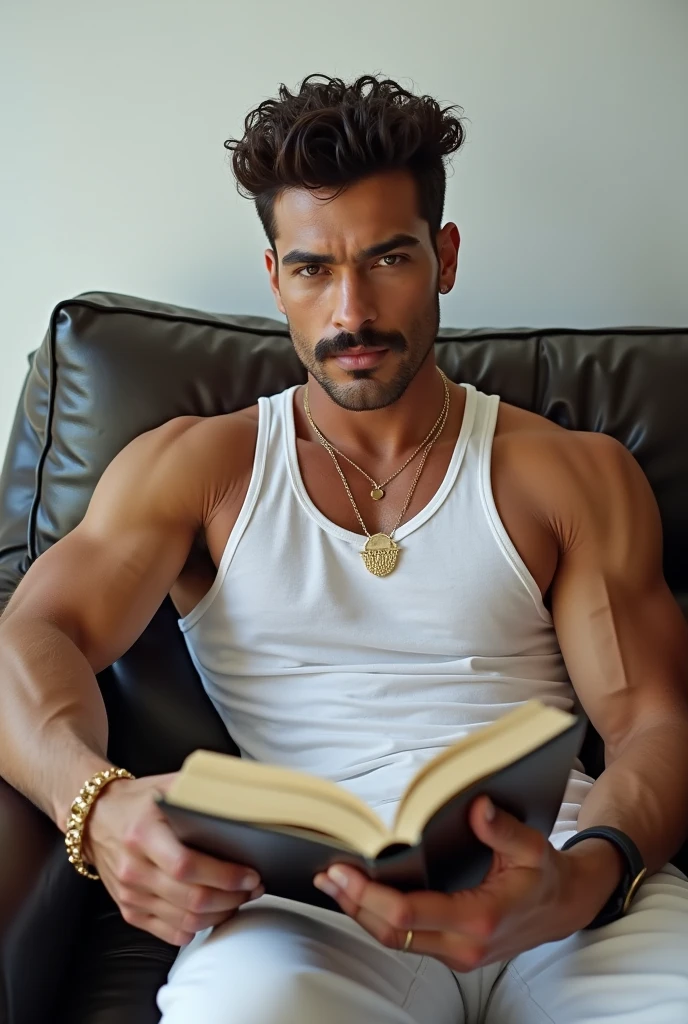 brown man in bed, naked, head shot, looking at the camera, happy smile, big smile,35 year old man , single man , in hotel room, attractive man, attractive male, holding book, model, all medium brown hair, high res, handsome male, brown-eyed man, realistic, natural light