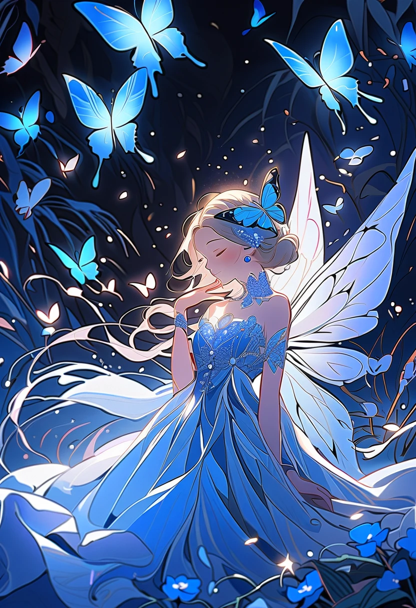 {worst quality, low-quality}In the enchanting realm of ethereal beauty, a mesmerizing blue butterfly graces the scene with its iridescent wings shimmering in the soft, moonlit glow. The butterfly's wings are a stunning canvas of exquisite blue hues, blending seamlessly from a gentle sapphire to a captivating cerulean. Its delicate body rests atop the outstretched petals of a fully bloomed, pastel blue flower, marking a rare moment of tranquility and harmony in nature. The butterfly's wings are adorned with intricate veins, giving them a bejeweled appearance, while its tiny, dusted feet clutch onto the, masterpiece, masutepiece,Best Quality,ultra-detailliert, masterpiece,