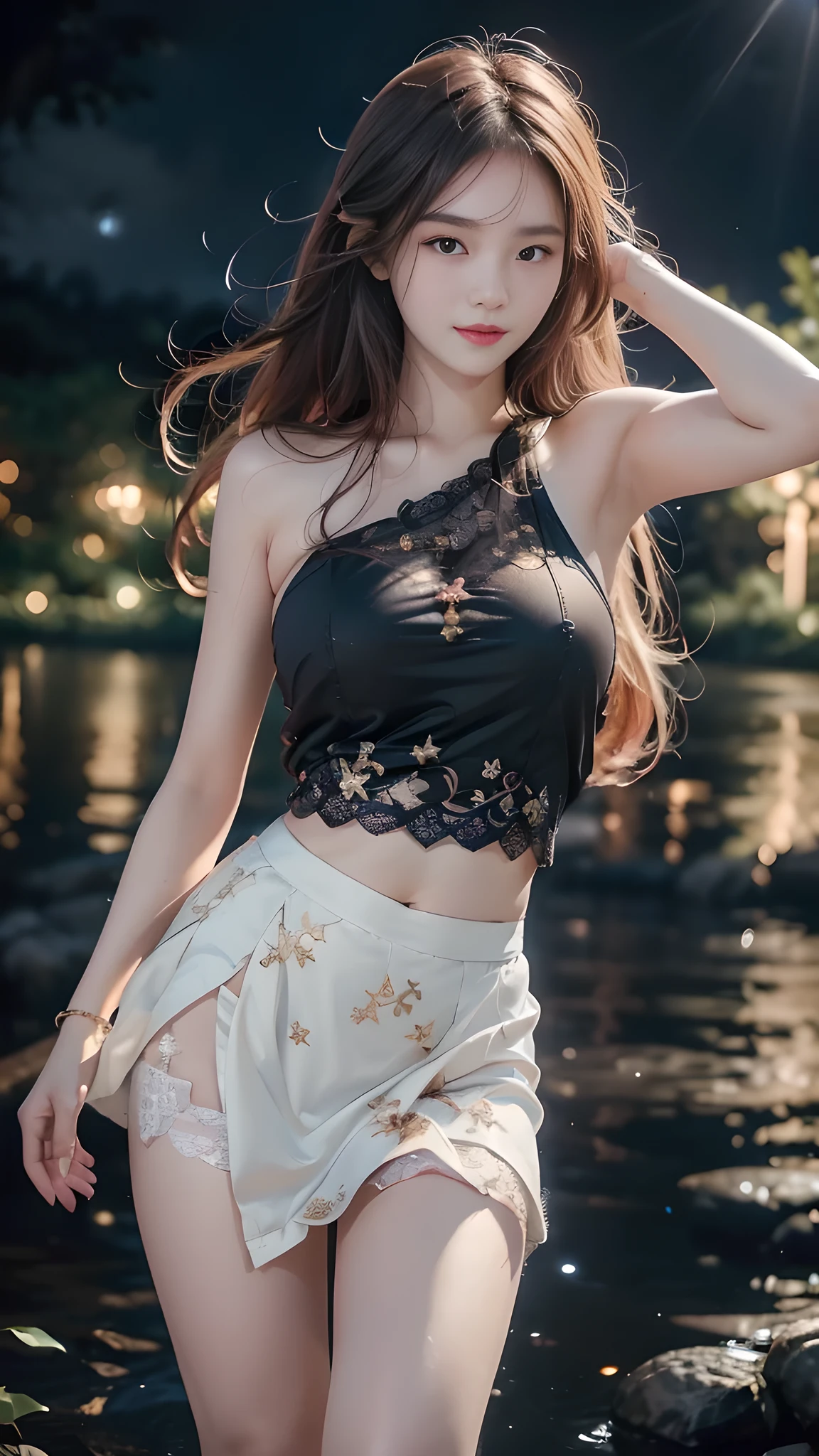 1girl, 19 years old, ((city in Vietnam)), ultra high resolution, (actual: 1.3)), ((random pose)), deep darkness, (best quality, masterpiece), shade, flustered, blushing, high detail, depth of field, film grain, wrinkled skin, looking at the viewer, dancing, warm smile, alone, dancing by a vast river in the middle of a wild forest, beautiful lanterns floating on the river, ((under the starry night sky, dark scene: 1.1))、(exposed thighs), sexy sheer lace white skirt, (masterpiece, best quality: 1.5)