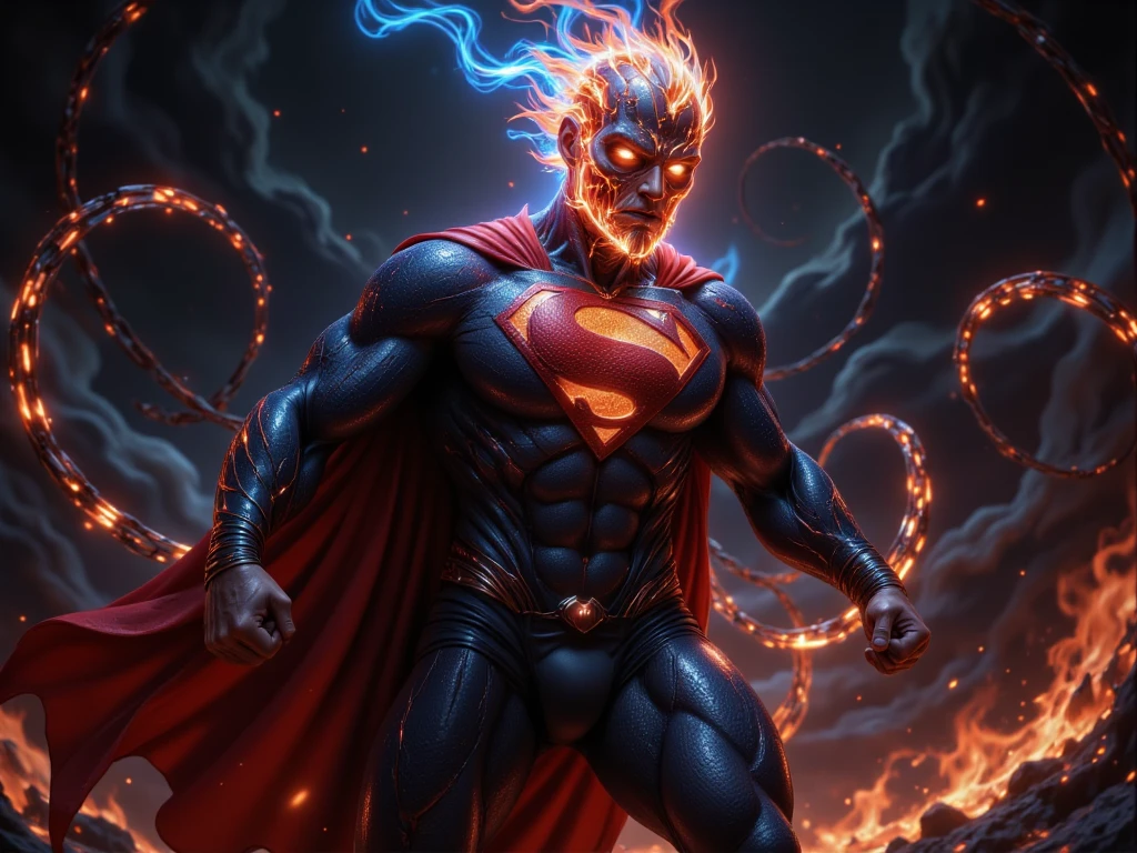 "Create a highly detailed and visually stunning hybrid superhero combining elements of Superman and Ghost Rider. The character has Superman's iconic physique, red cape flowing in the wind, and the 'S' emblem glowing ominously on the chest. Instead of a human head, the figure features Ghost Rider's flaming skull with intense, otherworldly blue and red flames radiating from it. The eyes blaze with fiery light, and molten cracks glow across the skin like lava. The hybrid hovers in mid-air, fists clenched, surrounded by swirling fiery chains and a dark, stormy background with embers and smoke, symbolizing a blend of supernatural power and heroic presence."