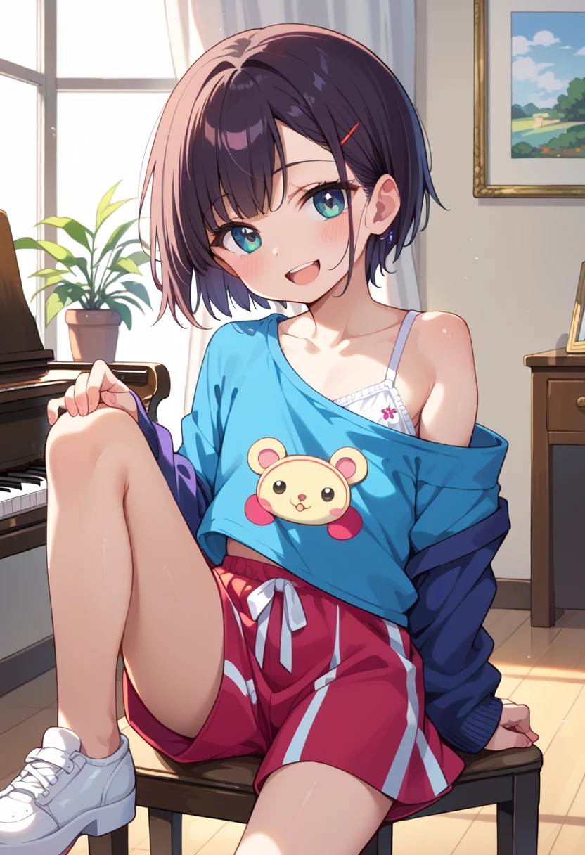 (( top quality)), ((masterpiece)), (be familiar with),  perfect face, indoor, bedroom,  watching viewers,
One woman, Mikazuki Kan,
 open mouth,  ecstatic expression beside the piano, blush, smile,
 small ,  flat chested, Young girl, Lori,  kids,  girl,
Short Hair,  short hair,
Leg spread,