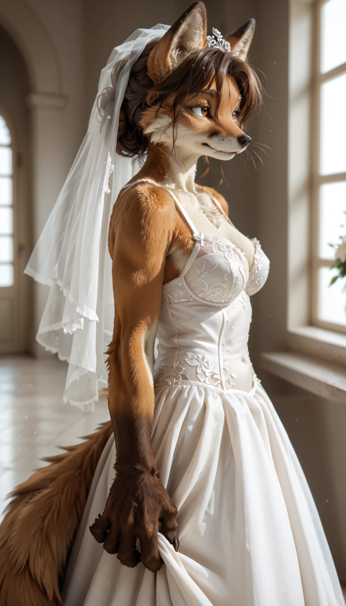 (zPDXL2), (PonyXLV6_Scores), Expressiveh, full body shot, BREAK
lhata4564, d3t41l3d, 
masterpiece, alone, tomgirl, 1girl, female, Furry, kemono, brown fox, furry, long brown hair, hazelnut eyes, wedding dress, wedding lingerie, showing, undressing, 