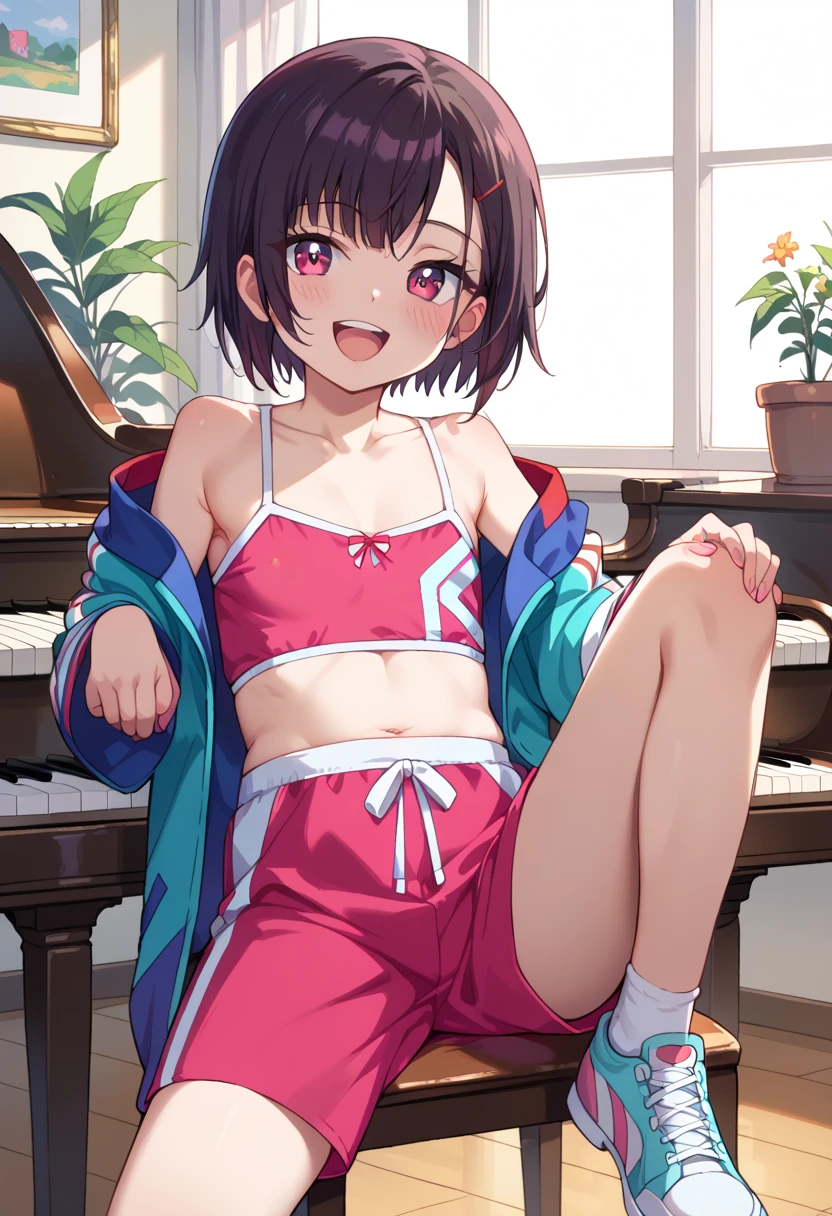 (( top quality)), ((masterpiece)), (be familiar with),  perfect face, indoor, bedroom,  watching viewers,
One woman, Mikazuki Kan,
 open mouth,  ecstatic expression beside the piano, blush, smile,
 small ,  flat chested, Young girl, Lori,  kids,  girl,
Short Hair,  short hair,
Leg spread,