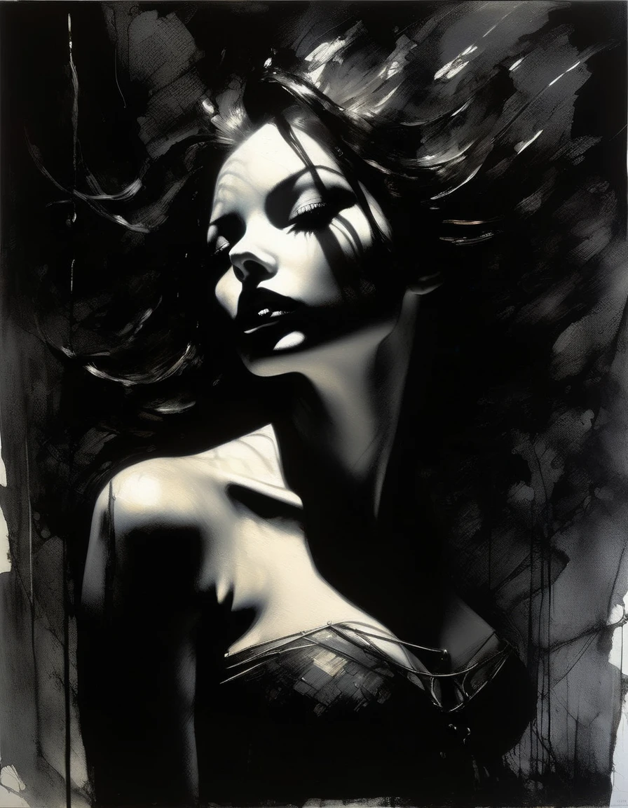 the broken girl, eroticism, sexy, black and white image, between shadows, oil painting, chiaroscuro, sensual, dramatic lighting, moody atmosphere, photorealistic, intricate details, masterpiece, ultra-detailed, high quality, 8k, best quality, realistic, cinematic, dark and brooding, expressionistic, powerful composition, emotional impact, art inspired by Bill Sienkiewicz and Dave McKean
