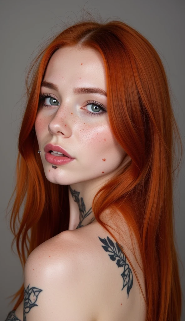 Half-Latin and half-Nordic-haired girl , skin and freckles typical of a natural redhead with a very attractive and sexy body. In addition to having a beautiful face . She has body modifications such as a piercing on her tongue , her tongue is bifida and she also has tattoos on her white skin