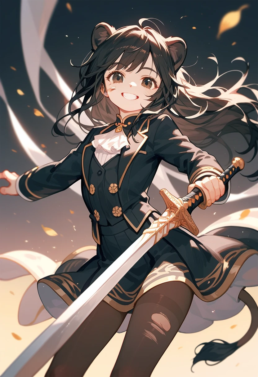 Lion girl ,Black hair,Long hair,cute, with lion tail , in black eyes,wound fabric ,Black suit,smile,cheerful, pantyhose,Have a sword,cool