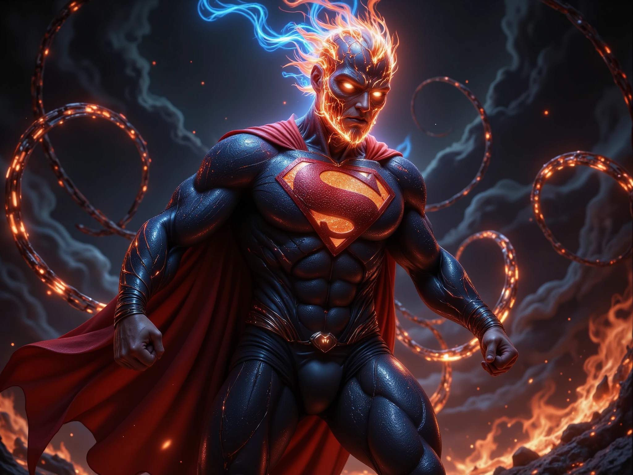 "Create a highly detailed and visually stunning hybrid superhero combining elements of Superman and Ghost Rider. The character has Superman's iconic physique, red cape flowing in the wind, and the 'S' emblem glowing ominously on the chest. Instead of a human head, the figure features Ghost Rider's flaming skull with intense, otherworldly blue and red flames radiating from it. The eyes blaze with fiery light, and molten cracks glow across the skin like lava. The hybrid hovers in mid-air, fists clenched, surrounded by swirling fiery chains and a dark, stormy background with embers and smoke, symbolizing a blend of supernatural power and heroic presence."