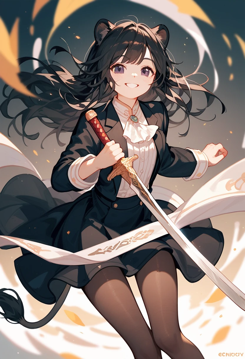 Lion girl ,Black hair,Long hair,cute, with lion tail , in black eyes,wound fabric ,Black suit,smile,cheerful, pantyhose,Have a sword,cool, medium-boobed