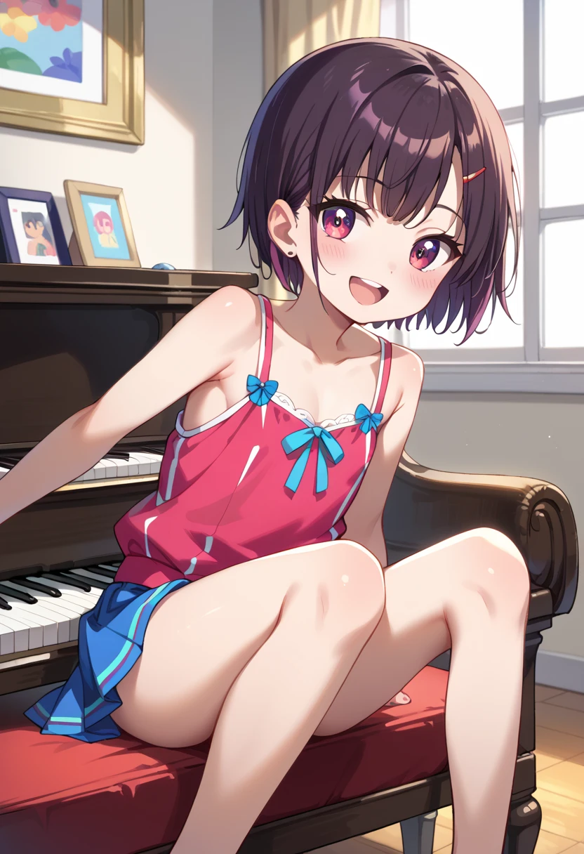 (( top quality)), ((masterpiece)), (be familiar with),  perfect face, indoor, bedroom,  watching viewers,
One woman, Mikazuki Kan,
 open mouth,  ecstatic expression beside the piano, blush, smile,
 small ,  flat chested, Young girl, Lori,  kids,  girl,
Short Hair,  short hair,
Leg spread,