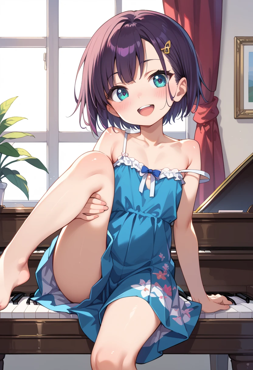 (( top quality)), ((masterpiece)), (be familiar with),  perfect face, indoor, bedroom,  watching viewers,
One woman, Mikazuki Kan,
 open mouth,  ecstatic expression beside the piano, blush, smile,
 small ,  flat chested, Young girl, Lori,  kids,  girl,
Short Hair,  short hair,
Leg spread,