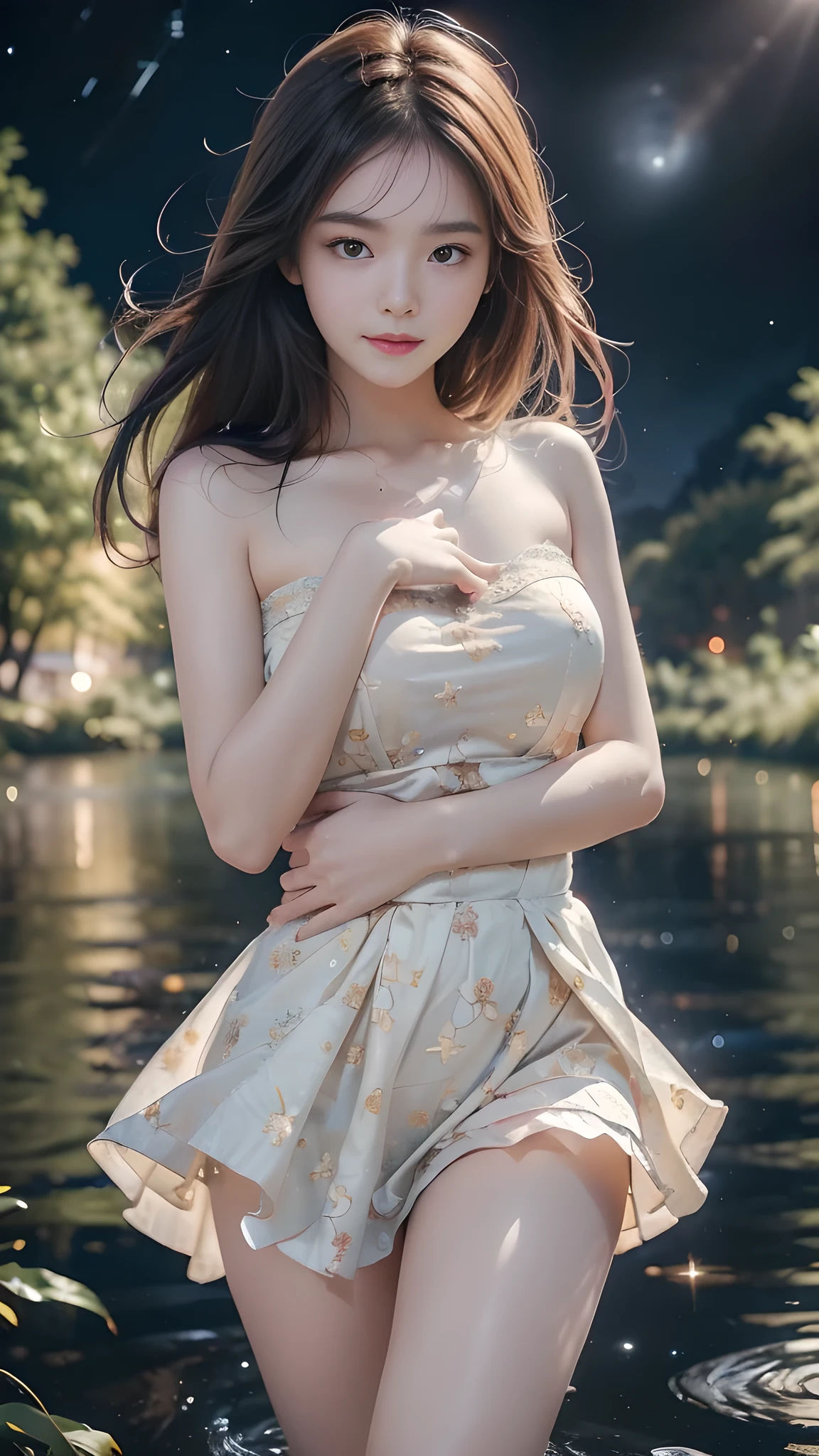 1girl, 19 years old, ((city in Vietnam)), ultra high resolution, (actual: 1.3)), ((random pose)), deep darkness, (best quality, masterpiece), shade, flustered, blushing, high detail, depth of field, film grain, wrinkled skin, looking at the viewer, dancing, warm smile, alone, dancing by a vast river in the middle of a wild forest, beautiful lanterns floating on the river, ((under the starry night sky, dark scene: 1.1))、(exposed thighs), sexy sheer lace white skirt, (masterpiece, best quality: 1.5)