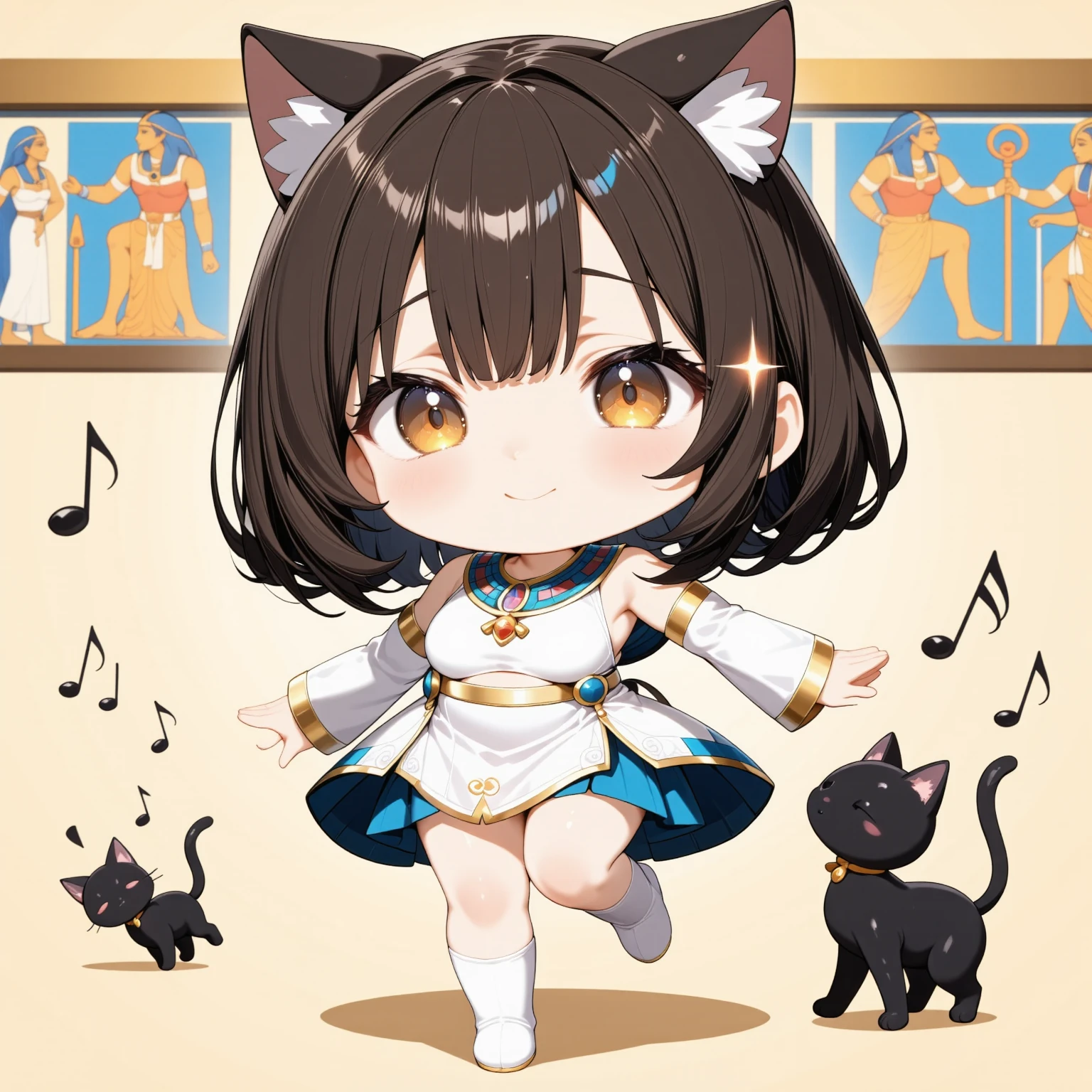 masterpiece, best quality, 8k resolution, ultra-detailed, vibrant colors,  cute chibi Bastet girl, tan skin, dark brown hair, short bob, cat ears, cat tail, large sparkling gold eyes,  ((wearing a white and gold Egyptian-style outfit)), Danceable pose (one arm extended, one leg raised), dancing to music, smiling happily,  background: , ancient Egyptian mural motif in the background, black cat dancing at feet, floating musical notes, soft colors, smooth lines, simple and light background, digital illustration, anime style