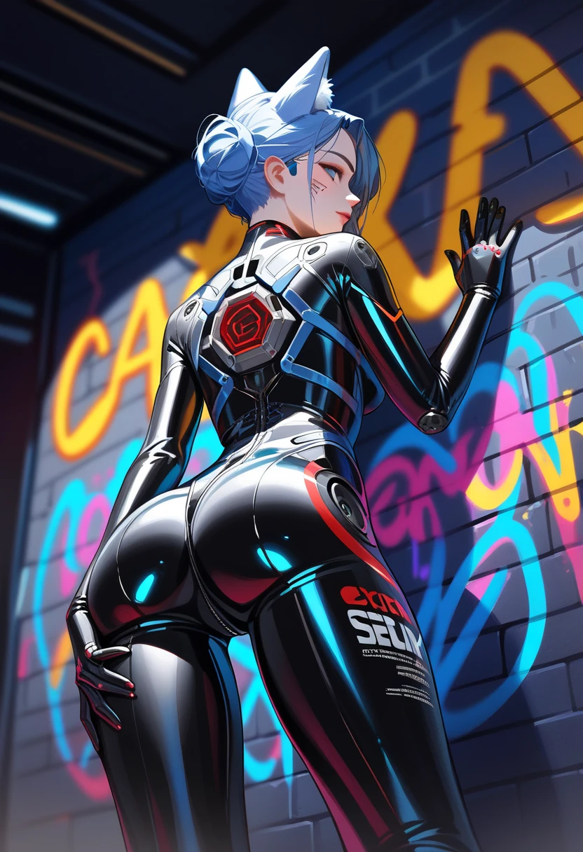 animation, top quality, top quality, High quality illustrations, masterpiece, ultra high resolution, detailed background, lane, night, wall graffiti, absurd, Ideal Anatomy, performance, good lighting, Shadows in cinema(kimono, Fluffy cat personification), lizard Man, Blueskin, rubber suit, latex, neon, neonライト, neonカラー, Body, Cyber suit, mechanical suit, cyberpunk, Put your hands on the wall, Show your ass, Dynamic angle