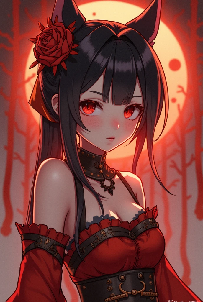 Una chica con canas、ojos rojos、vampiro、Luna Roja、Medianoche