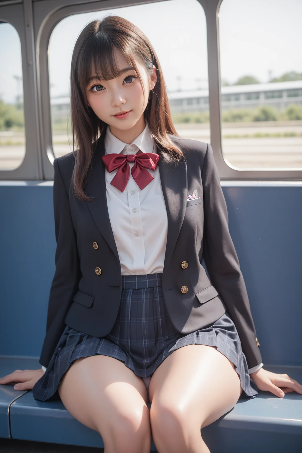 high resolution, 4K, solo, beautiful Japanese high school girl, detailed eyes, detailed cute face, puffy cheak , black blazer, white blouse, a red ribbon, pleated skirt, white sox, loafers, brown hair, middle breast, sitting on train seat, (wide hip:1.4), detailed glossy (thick thigh:1.3), focused on skirt, panties (slightly:1.5) visible, both hands on skirt, (from front:1.2), school bag on train seat, by fisheye, perfect lighting, perfect brightness,