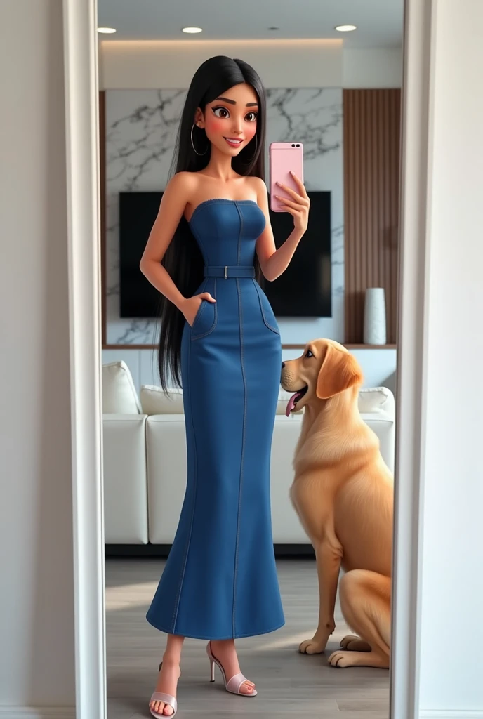 35 year old Pixar style woman with medium dark blonde hair,standing tall in a long dress with no neckline and cat-eye glasses holding a white poodle on her lap