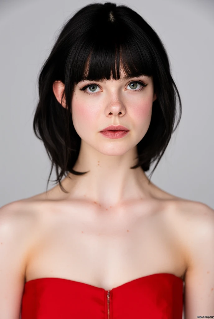 Elle Fanning, a seductive photo, detailed face, red strapless dress, black bob cut hair with bangs