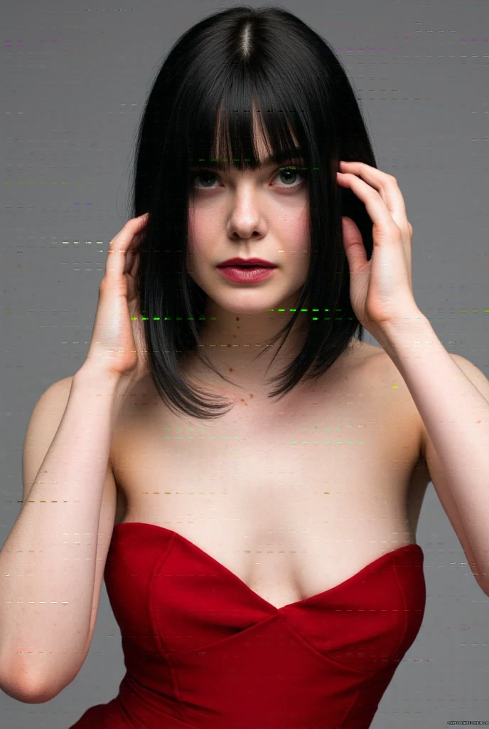 Elle Fanning, a seductive photo, detailed face, red strapless dress, black bob cut hair with bangs fixing hair