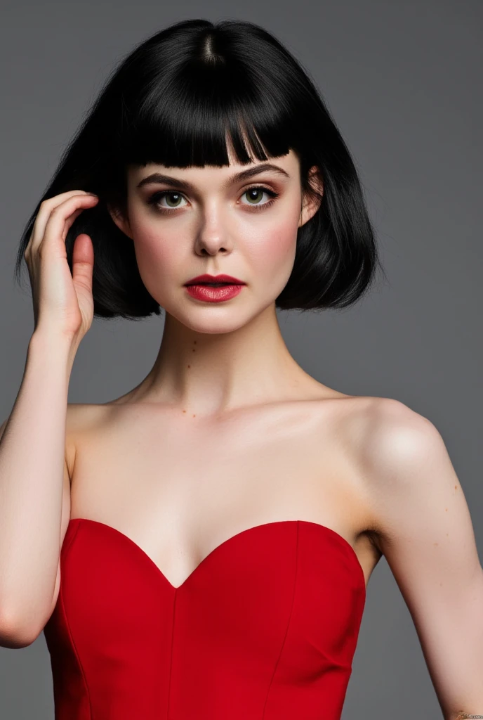 Elle Fanning, a seductive photo, detailed face, red strapless dress, black bob cut hair with bangs fixing hair