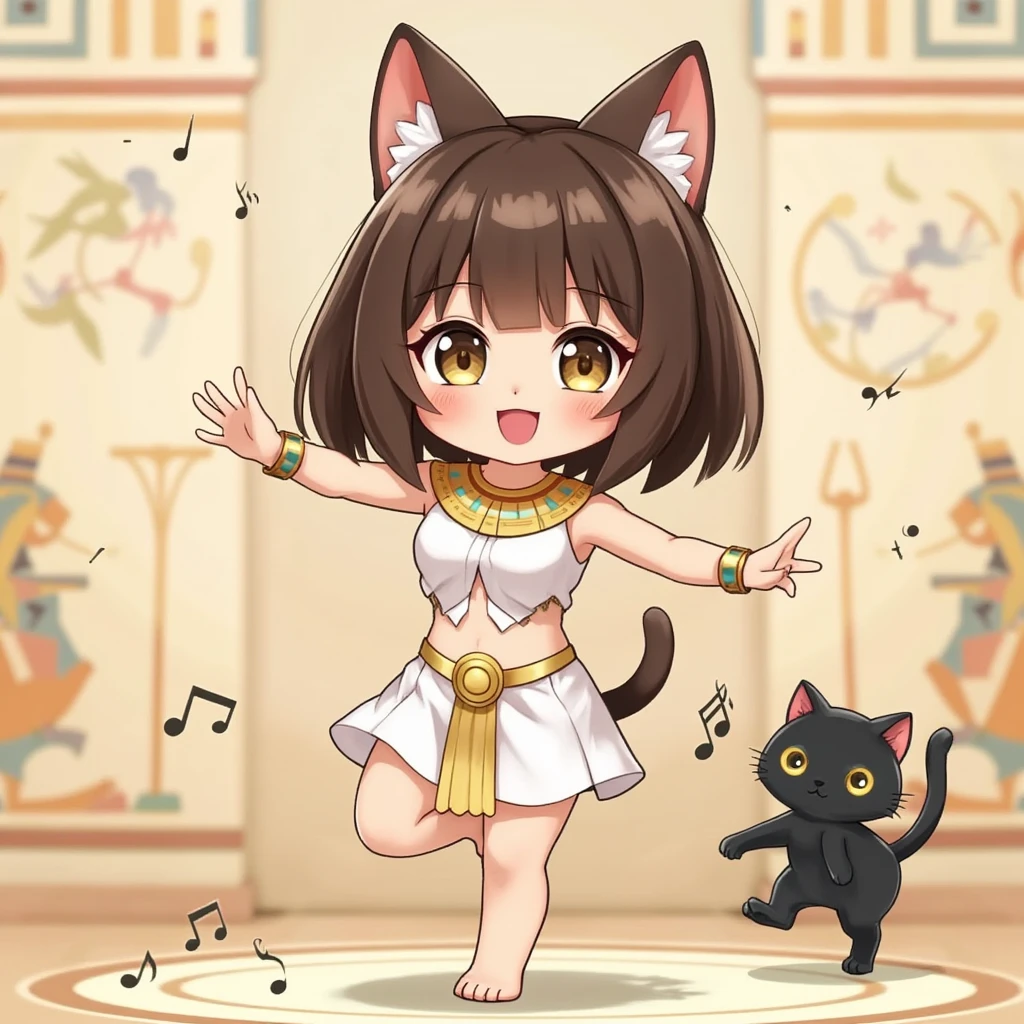 masterpiece, best quality, 8k resolution, ultra-detailed, vibrant colors,  cute chibi Bastet girl, tan skin, dark brown hair, short bob, cat ears, cat tail, large sparkling gold eyes,  ((wearing a white and gold Egyptian-style outfit)), Danceable pose (one arm extended, one leg raised), dancing to music, smiling happily,  background: , ancient Egyptian mural motif in the background, black cat dancing at feet, floating musical notes, soft colors, smooth lines, simple and light background, digital illustration, anime style