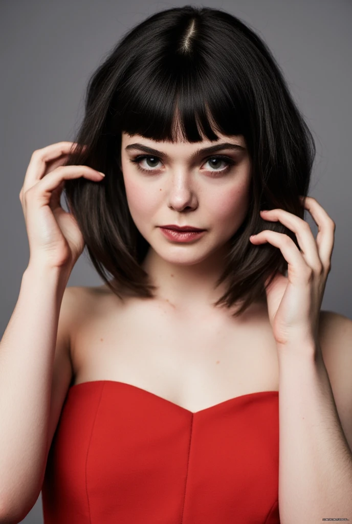 Elle Fanning, a seductive photo, detailed face, red strapless dress, black bob cut hair with bangs fixing hair