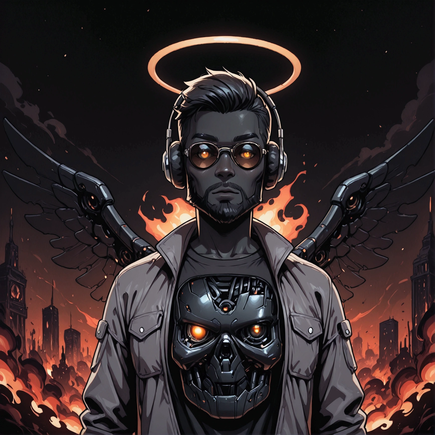 (masterpiece), perfect face, newest, perfect anatomy, flawless face, 40 year old dark skinned African male, beard, no hair on the top of his head, wearing a flatcap, wearing aviator mirror sunglasses, headphones and grey jacket with black t-shirt underneath, wearing a glowing crucifix, wings on his back, halo over his head, looking at viewer, extending his hand towards the viewer, eyes hidden, descending from the sky, upper body, in an apocalyptic world, burning city, nv-celestialskin, colored skin, void cosmic body, black skin, half_cyborg_face, mechanical eye, damaged, android, mechanical parts, cyborg, science fiction