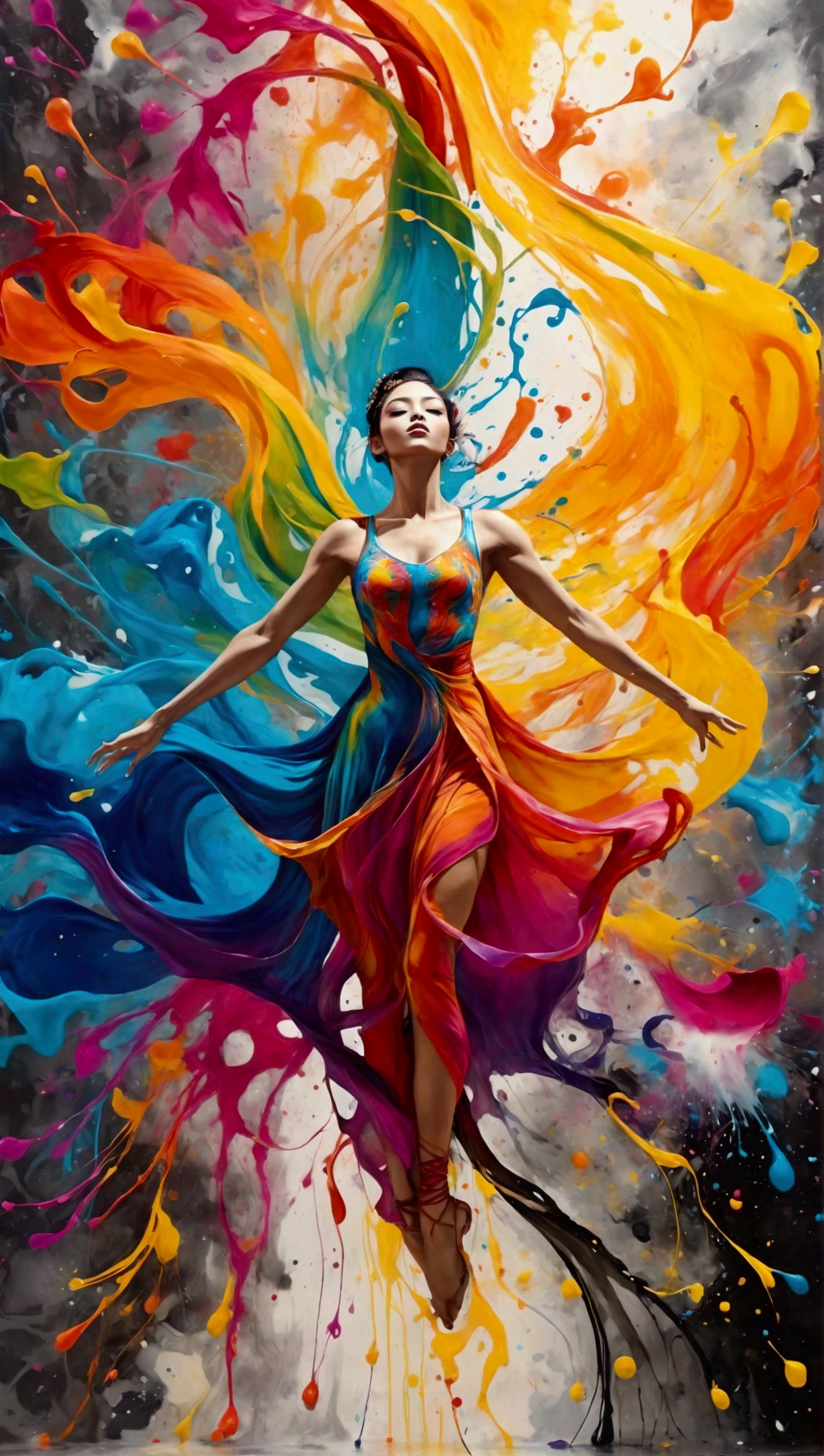 A mesmerizing, surreal ink splatter painting of a dancer suspended mid-air, gracefully captured in a moment of pure motion. The scene is enveloped in a swirling vortex of vibrant musical notes that flow like liquid, creating an ethereal atmosphere. The artwork features 8K resolution and hyper-detailed textures, blending elements of graffiti art and splash art with a street art vibe. The dancer is adorned in flowing, colorful attire that seems to dissolve into the background, merging with the high-contrast, polychromatic hues. The use of oil gouache and acrylic creates a melting effect, adding depth and fluidity to the composition. This ultra-detailed masterpiece exudes a sense of dynamism and dreaminess, inviting viewers into a world of artistic expression.