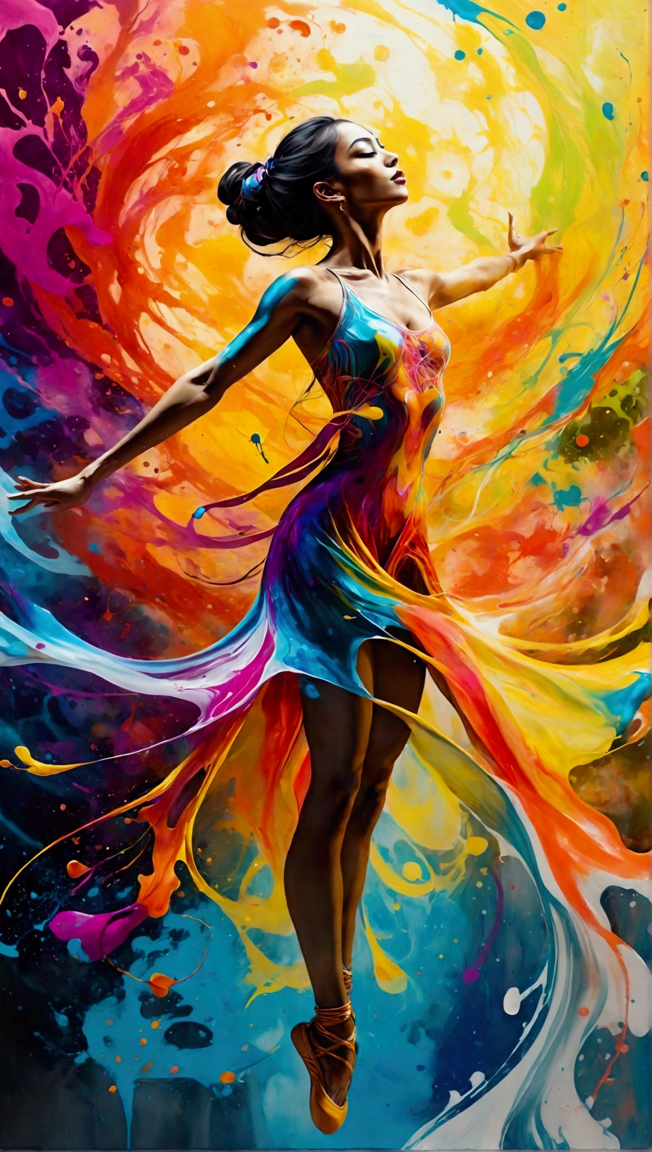 A mesmerizing, surreal ink splatter painting of a dancer suspended mid-air, gracefully captured in a moment of pure motion. The scene is enveloped in a swirling vortex of vibrant musical notes that flow like liquid, creating an ethereal atmosphere. The artwork features 8K resolution and hyper-detailed textures, blending elements of graffiti art and splash art with a street art vibe. The dancer is adorned in flowing, colorful attire that seems to dissolve into the background, merging with the high-contrast, polychromatic hues. The use of oil gouache and acrylic creates a melting effect, adding depth and fluidity to the composition. This ultra-detailed masterpiece exudes a sense of dynamism and dreaminess, inviting viewers into a world of artistic expression.