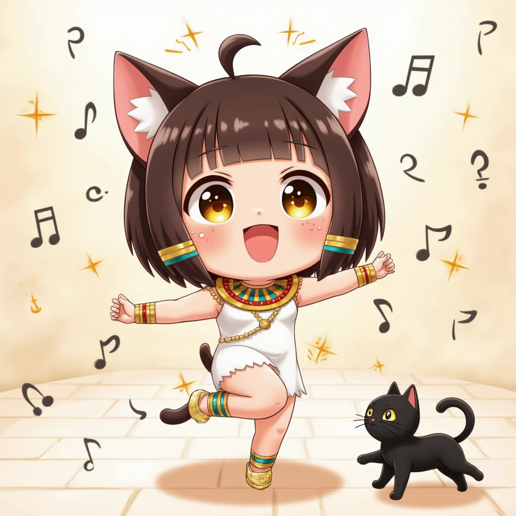 masterpiece, best quality, 8k resolution, ultra-detailed, vibrant colors,  cute chibi Bastet girl, tan skin, dark brown hair, short bob, cat ears, cat tail, large sparkling gold eyes,  ((wearing a white and gold Egyptian-style outfit)), Danceable pose (one arm extended, one leg raised), dancing to music, smiling happily,  background: , ancient Egyptian mural motif in the background, black cat dancing at feet, floating musical notes, soft colors, smooth lines, simple and light background, digital illustration, anime style