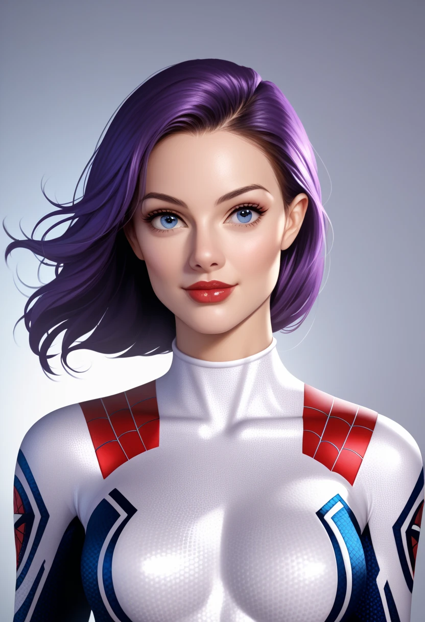 A beautiful girl with spiderman suit, gorgeous girl, purple Hair, blue eyes, Beautiful eyes, red lips, Beautiful face, cute face, wearing spiderman suit,Medium breast size, standing, Amazing suits, Spider-Girl, best quality, Amazing spider-Girl, Sci-fi, Realistic, Hyper realistic, Masterpiece, 8k