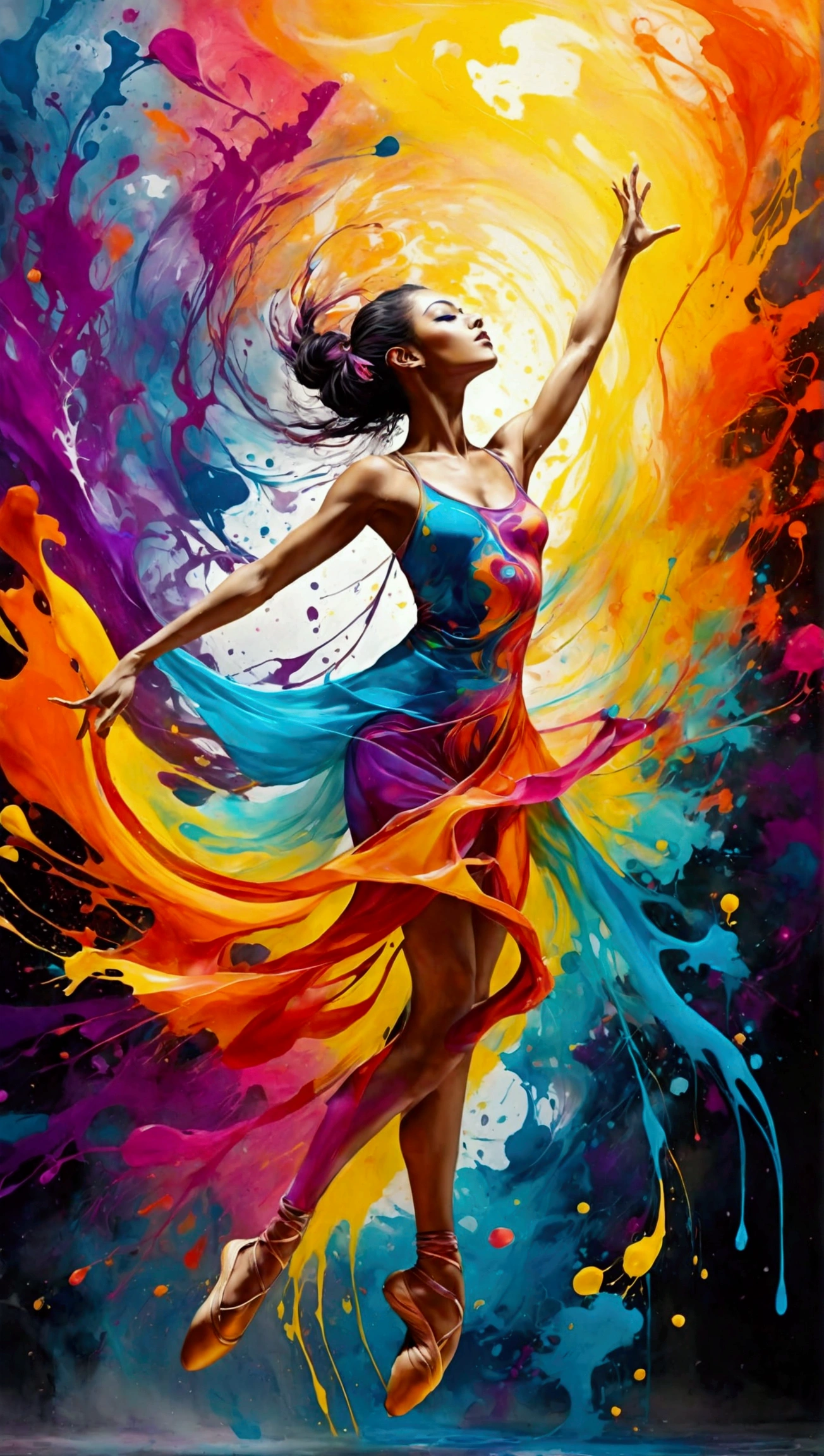 A mesmerizing, surreal ink splatter painting of a dancer suspended mid-air, gracefully captured in a moment of pure motion. The scene is enveloped in a swirling vortex of vibrant musical notes that flow like liquid, creating an ethereal atmosphere. The artwork features 8K resolution and hyper-detailed textures, blending elements of graffiti art and splash art with a street art vibe. The dancer is adorned in flowing, colorful attire that seems to dissolve into the background, merging with the high-contrast, polychromatic hues. The use of oil gouache and acrylic creates a melting effect, adding depth and fluidity to the composition. This ultra-detailed masterpiece exudes a sense of dynamism and dreaminess, inviting viewers into a world of artistic expression.