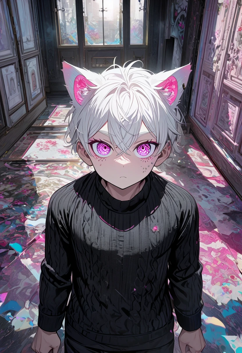 1 man,  white hair, black sweater, pink eyes,  inside a house ,  cat ears, 4K,  slightly muscular body ,  detailed eyes ,  young adult man, 4K.  full body image, very detailed face, vivid colors
