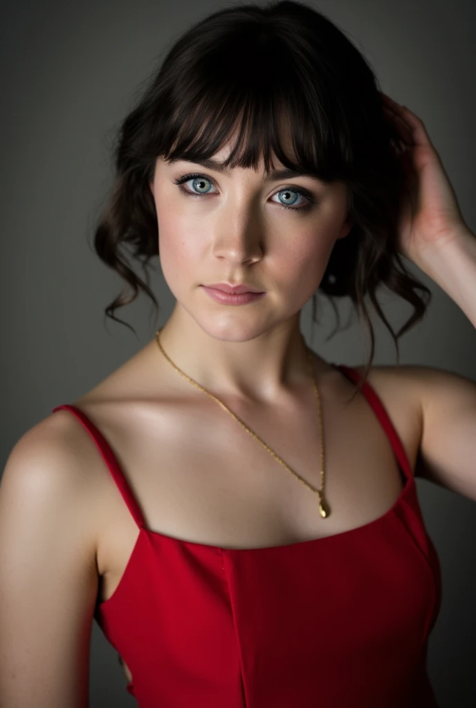 Saoirse Ronan, a seductive photo, detailed face, red strapless dress, black bob cut hair with bangs fixing hair