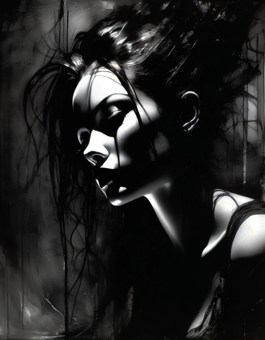 the broken girl, eroticism, sexy, black and white image, between shadows, oil painting, chiaroscuro, sensual, dramatic lighting, moody atmosphere, photorealistic, intricate details, masterpiece, ultra-detailed, high quality, 8k, best quality, realistic, cinematic, dark and brooding, expressionistic, powerful composition, emotional impact, art inspired by Bill Sienkiewicz and Dave McKean
