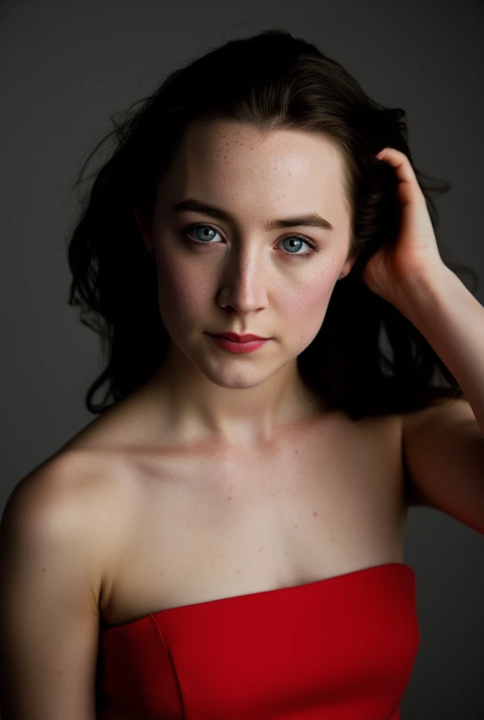 Saoirse Ronan, a seductive photo, detailed face, red strapless dress, black bob cut hair with bangs fixing hair