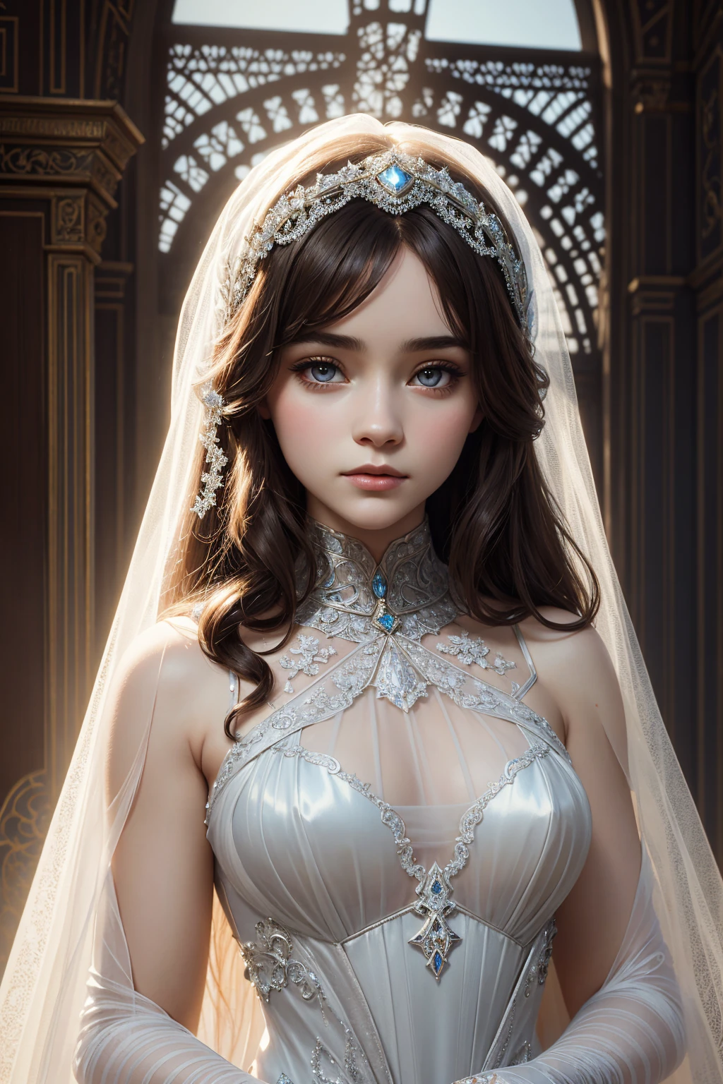 Anya Taylor-Joy, wearing veil bride latex costume transparent. professionally retouched, soft lighting, realistic, smooth face, perfect eyes, sharp focus on eyes, 8 k, high definition, insanely detailed, intricate, elegant. against the background of the Notre Dame Cathedral.