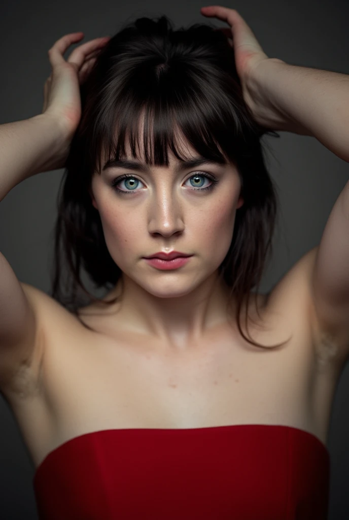 Saoirse Ronan, a seductive photo, detailed face, red strapless dress, black straight bob cut hair with bangs fixing hair