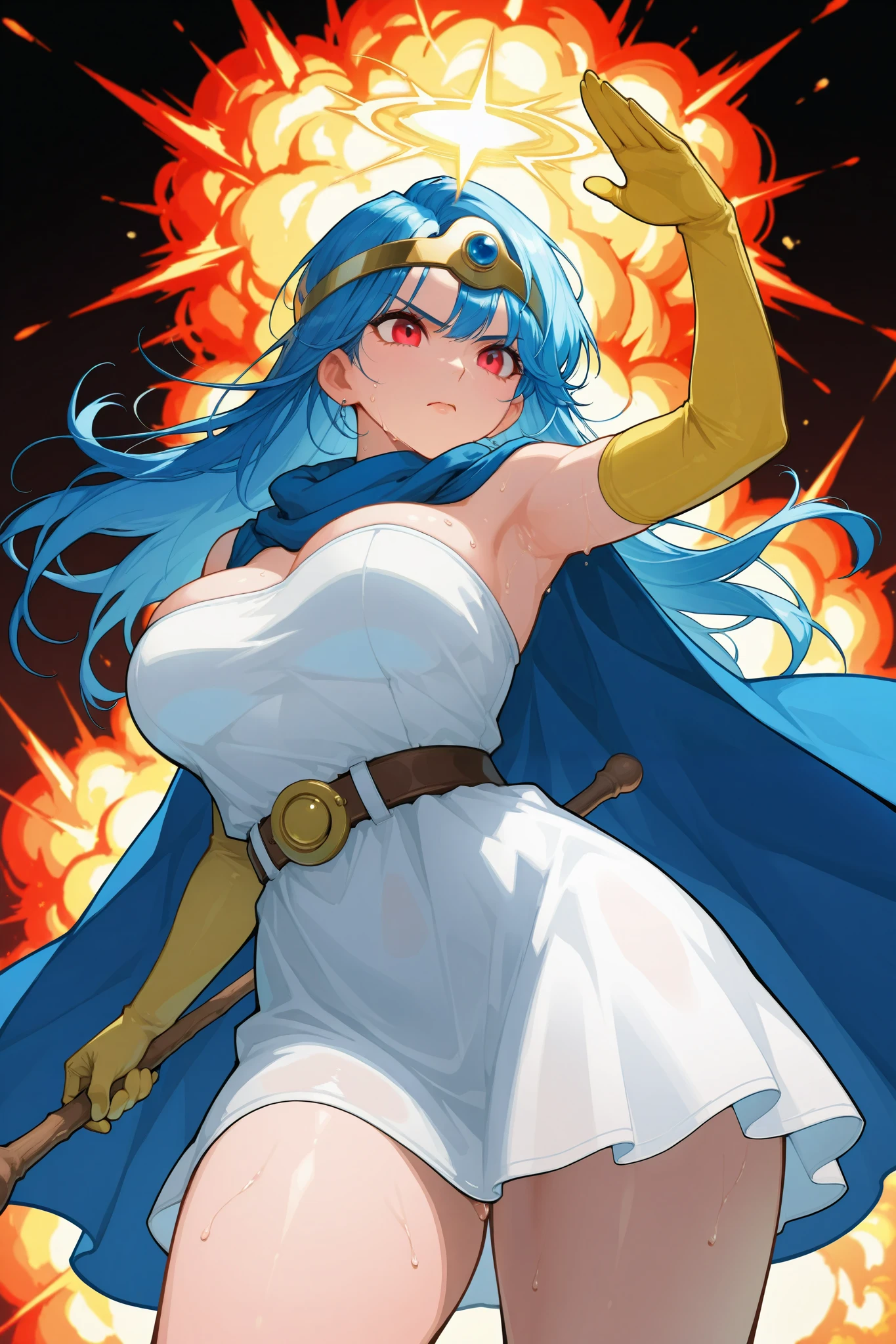 dq3sage, Dragon Quest 3,Woman with wooden wand, magic activated from wooden wand、blue hair, red eyes, long hair、circlet, blue cape, white dress, strapless, belt, elbow gloves, yellow gloves, .cowboy shot、Maximum Explosion Magic, brandish a wooden staff、Detailed hand、Hand、Perfect hand, adult woman、beautiful thighs、from side, dynamic composition 、fight、Combat Stance、Twist your body、from below,、stable_Yogis_Animetoon_Negatives、serious、sweat、、 tense background、、