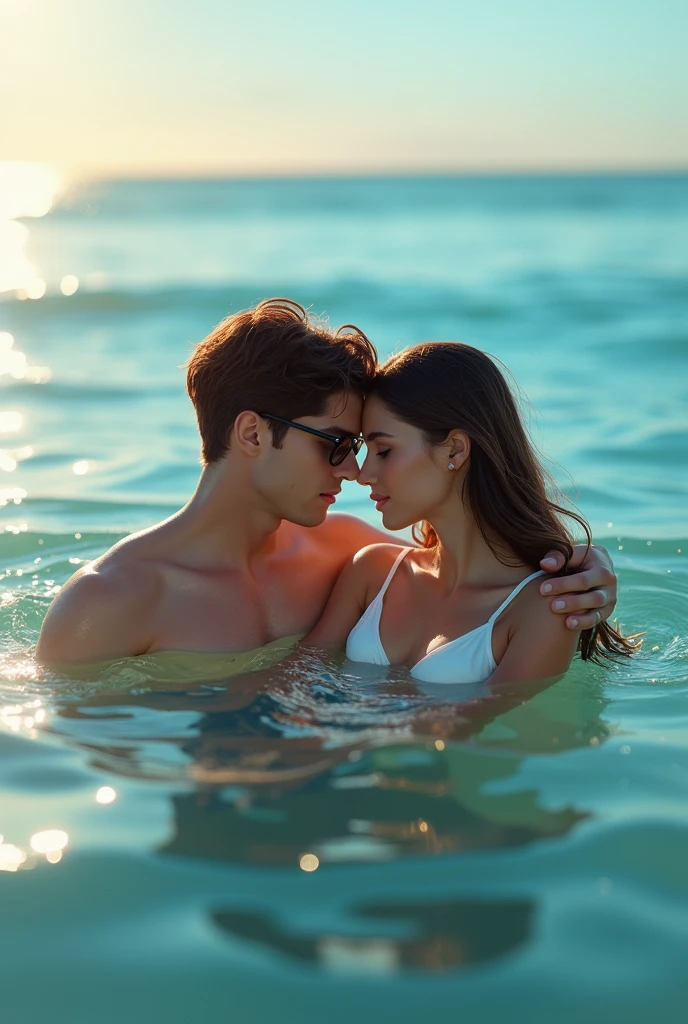A woman and a man facing the camera, kissing in a lake, each wearing a shirt with the initials V and W.
Vicky is white.
