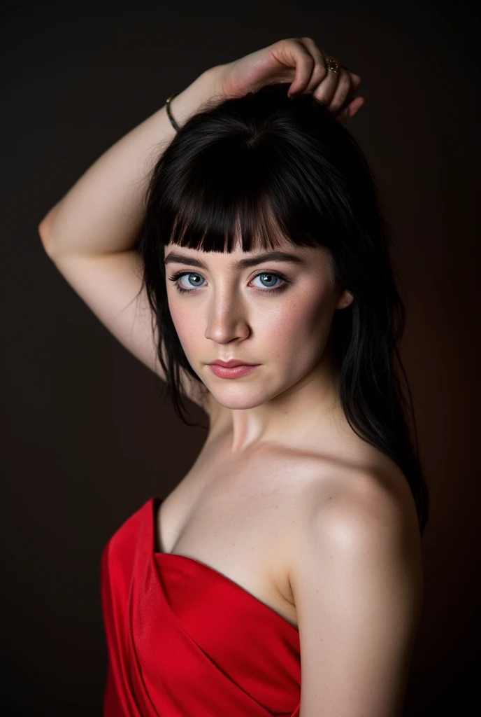 Saoirse Ronan, a seductive photo, detailed face, red strapless dress, black straight bob cut hair with bangs fixing hair