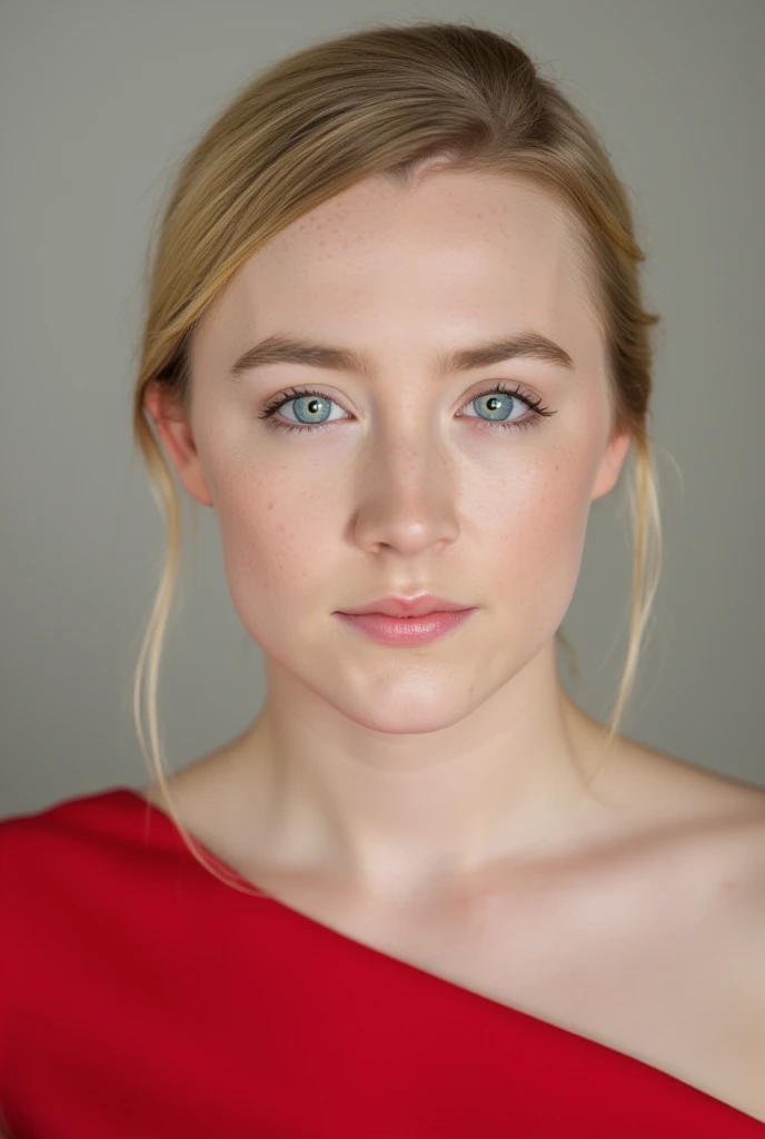 Saoirse Ronan, a seductive photo, detailed face, red strapless dress, blonde straight bob cut hair with bangs fixing hair