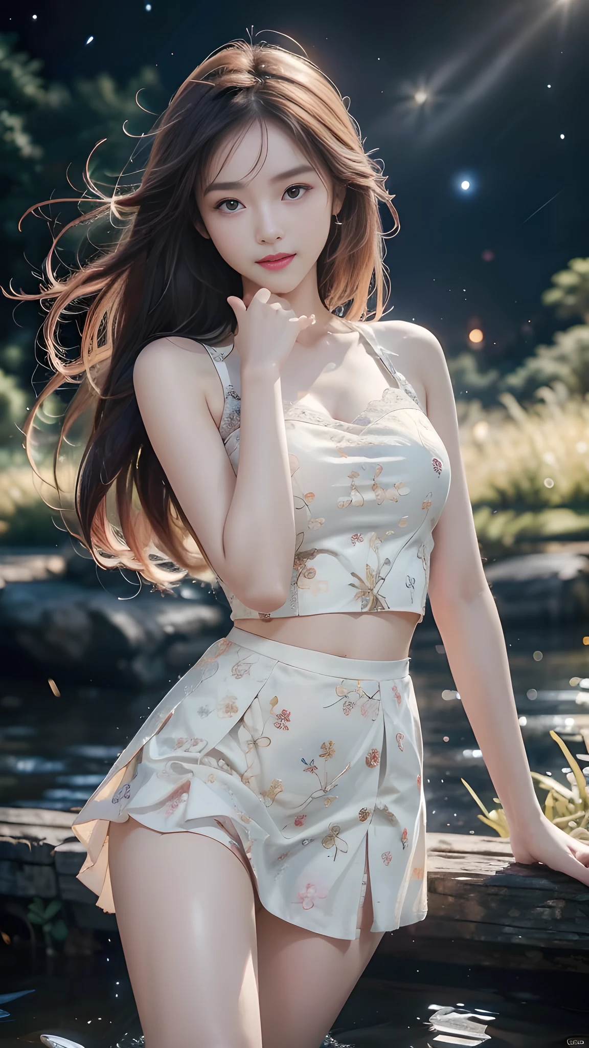 1girl, 19 years old, ((city in Vietnam)), ultra high resolution, (actual: 1.3)), ((random pose)), deep darkness, (best quality, masterpiece), shade, flustered, blushing, high detail, depth of field, film grain, wrinkled skin, looking at the viewer, dancing, warm smile, alone, dancing by a vast river in the middle of a wild forest, beautiful lanterns floating on the river, ((under the starry night sky, dark scene: 1.1))、(exposed thighs), sexy sheer lace white skirt, (masterpiece, best quality: 1.5)