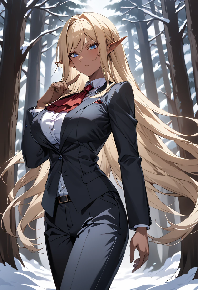 ( top quality、 detailed images、Beautiful images、 official images )、((snow、Deep in the forest))、( model body type、long hair, blonde hair, blue eyes、 pointed ears、 Big Breasts 、 brown skin)、( No Emotion)、( ergonomic body 、 Ergonomic Finger Shape )、(red ascot, cross, formal, suit, pants,)、( Hands Behind )