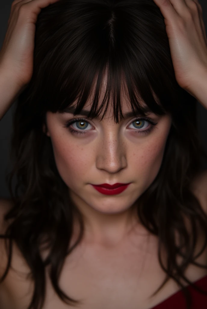 Saoirse Ronan, a seductive photo of upper body, detailed face, red strapless dress, black straight bob cut hair with bangs fixing hair