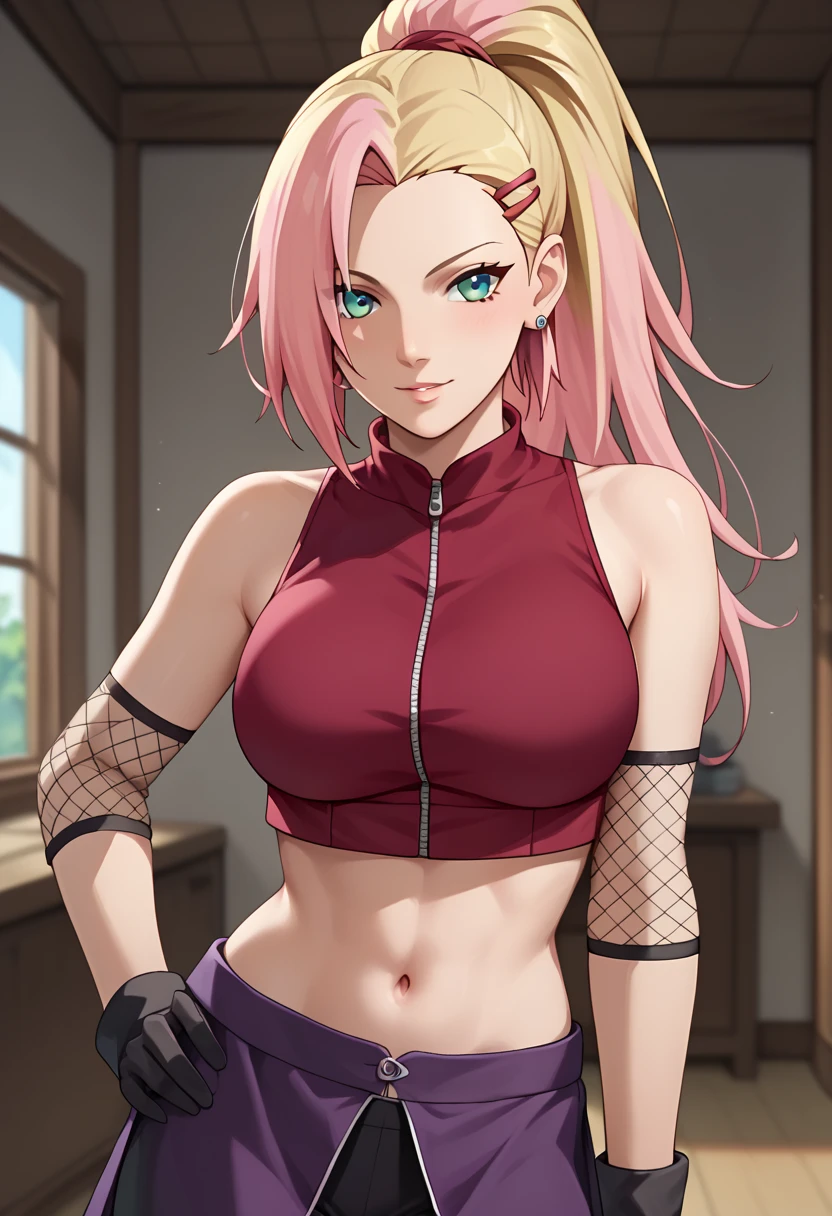 score_9_up, score_8_up, score_7_up,score_6_up, score_5_up, score_4_up , 1girl, solo, ((2 different hairstyles)), ((SPLIT-COLOR HAIR)), ((blonde hair)), ((pink hair)), large breasts, Sakura Haruno, solo, 1girl, green eyes, short pink hair, parted bangs, forehead protector, dark gloves, red sleeveless shirt, zipper on shirt, dark bike shorts, elbow warmers, in0ymnka, long hair, blonde hair, hair over one eye, high ponytail, hairclip, blue eyes, fishnets, purple shirt, sleeveless turtleneck, buttons, crop top, purple skirt, black shorts, bike shorts, earrings, bare shoulders, midriff, navel flirting, cowboy shot, indoors, bedroom background