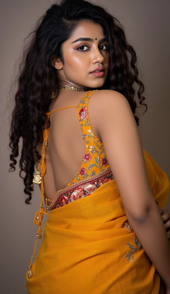 Generate a photorealistic image of a stunning Indian aunty in her late 30s, wearing a modern saree with a full backless, sleeveless Choli that showcases her smooth, dusky skin. She is a (((voluptuous, thicc woman))) flaunting her curves. Photo is Shot from the back. The focus should be on the blouse, highlighting her radiant bare skin. Capture the subtle curves of her ((chubby waist)), and render the image with precise details, textures, and lighting. The atmosphere should be elegant and sophisticated, with a shallow depth of field to emphasize the subject.